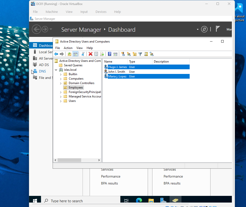 Active Directory Users and Computers showing the Employees OU with three domain user accounts
